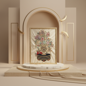 لوحة زهرية كلاسيكية مُطرزة - قطعة فنية للعرض الراقي